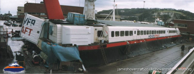 SRN4 The Princess Anne (GH-2007) undergoing maintenance at Hoverspeed -   (submitted by The <a href='http://www.hovercraft-museum.org/' target='_blank'>Hovercraft Museum Trust</a>).